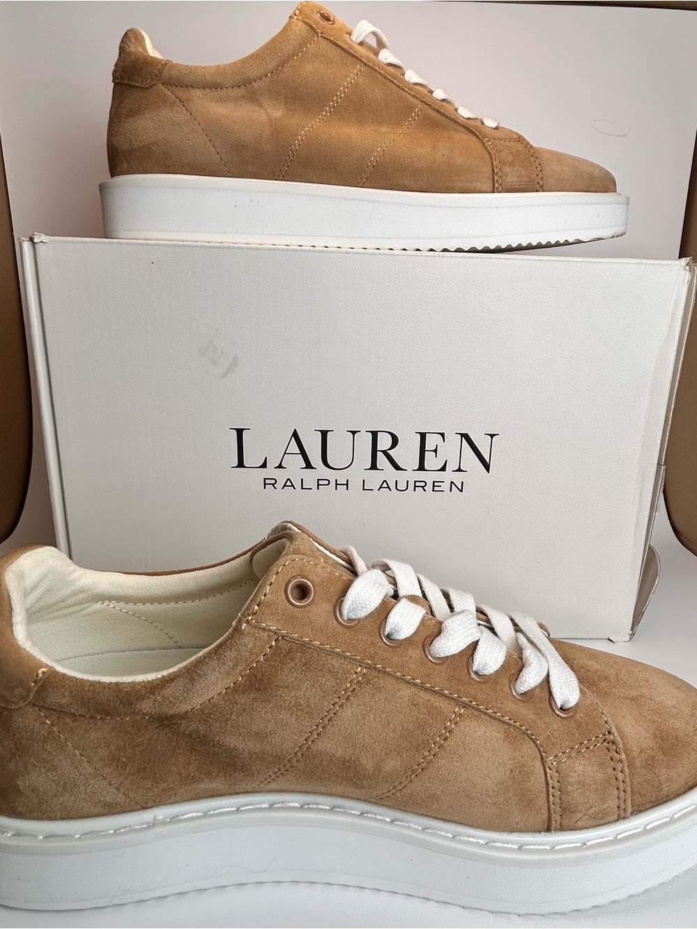 LAUREN RALPH LAUREN ANGELINE Brown Tan Sheepskin Suede Women's Shoes Size 8